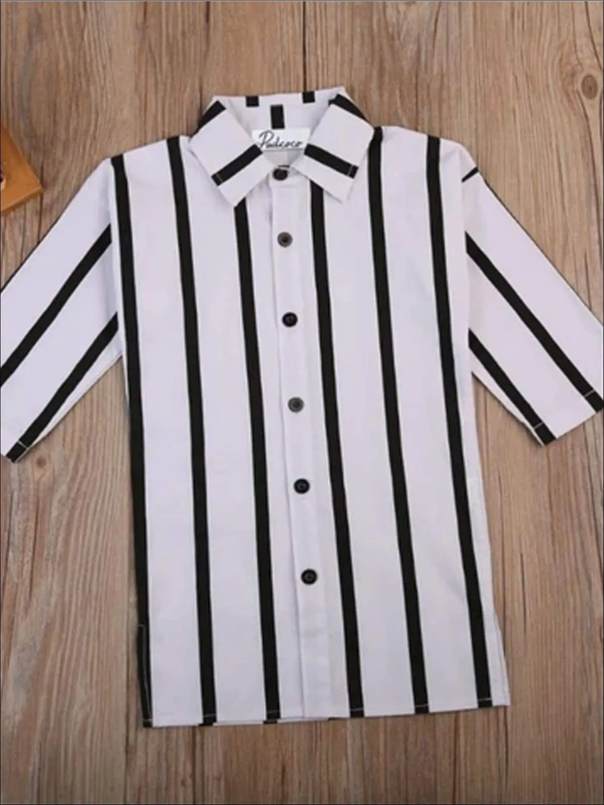 Girls Black & White Vertical Stripe Collared Blouse T-Shirt Dress