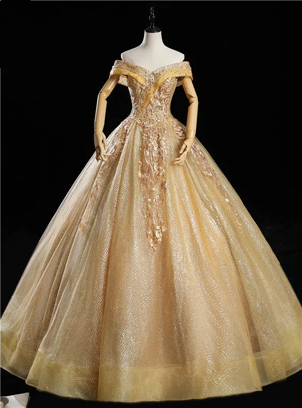 Gold Tulle Off the Shoulder Appliques Beading Quinceanera Dress