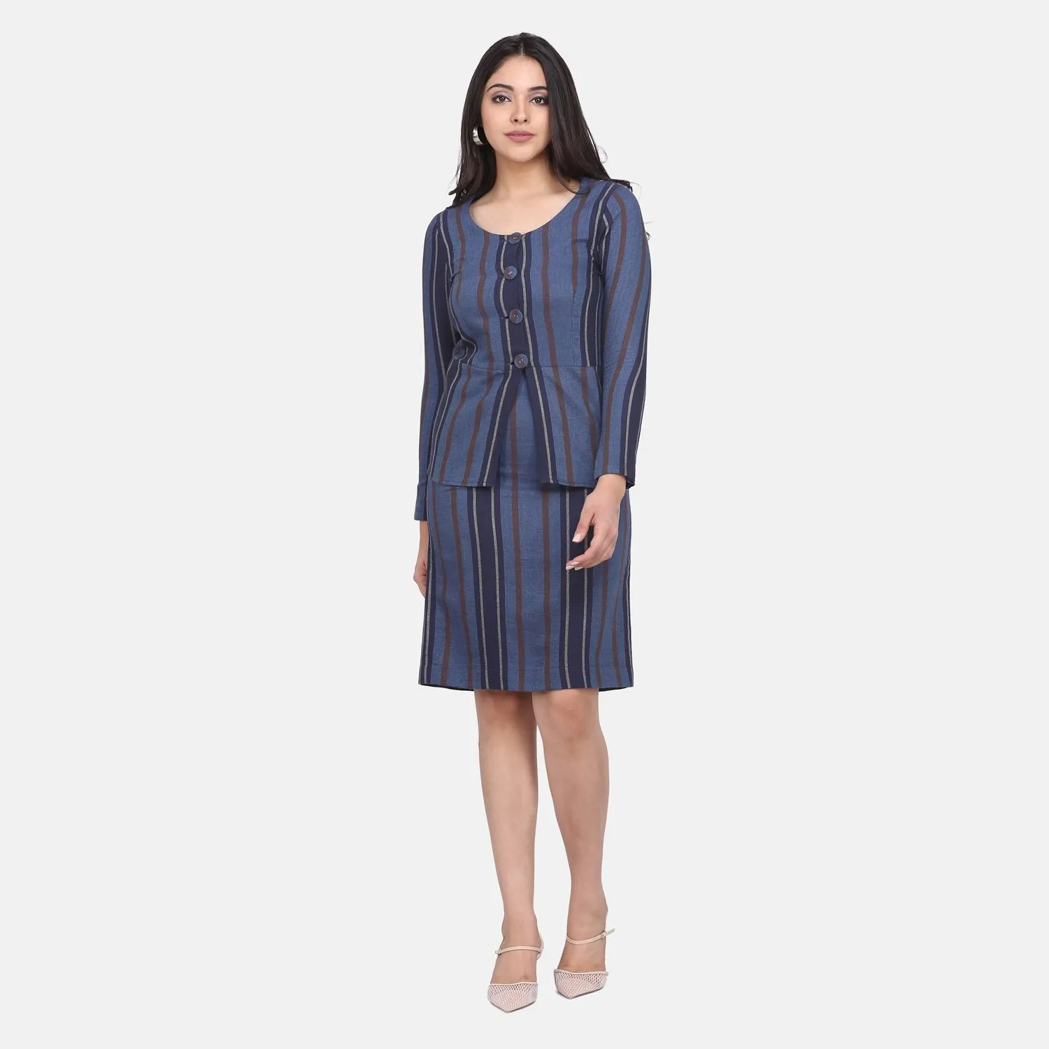 Grey Striped Cotton Power Sutra Skirt Suit 