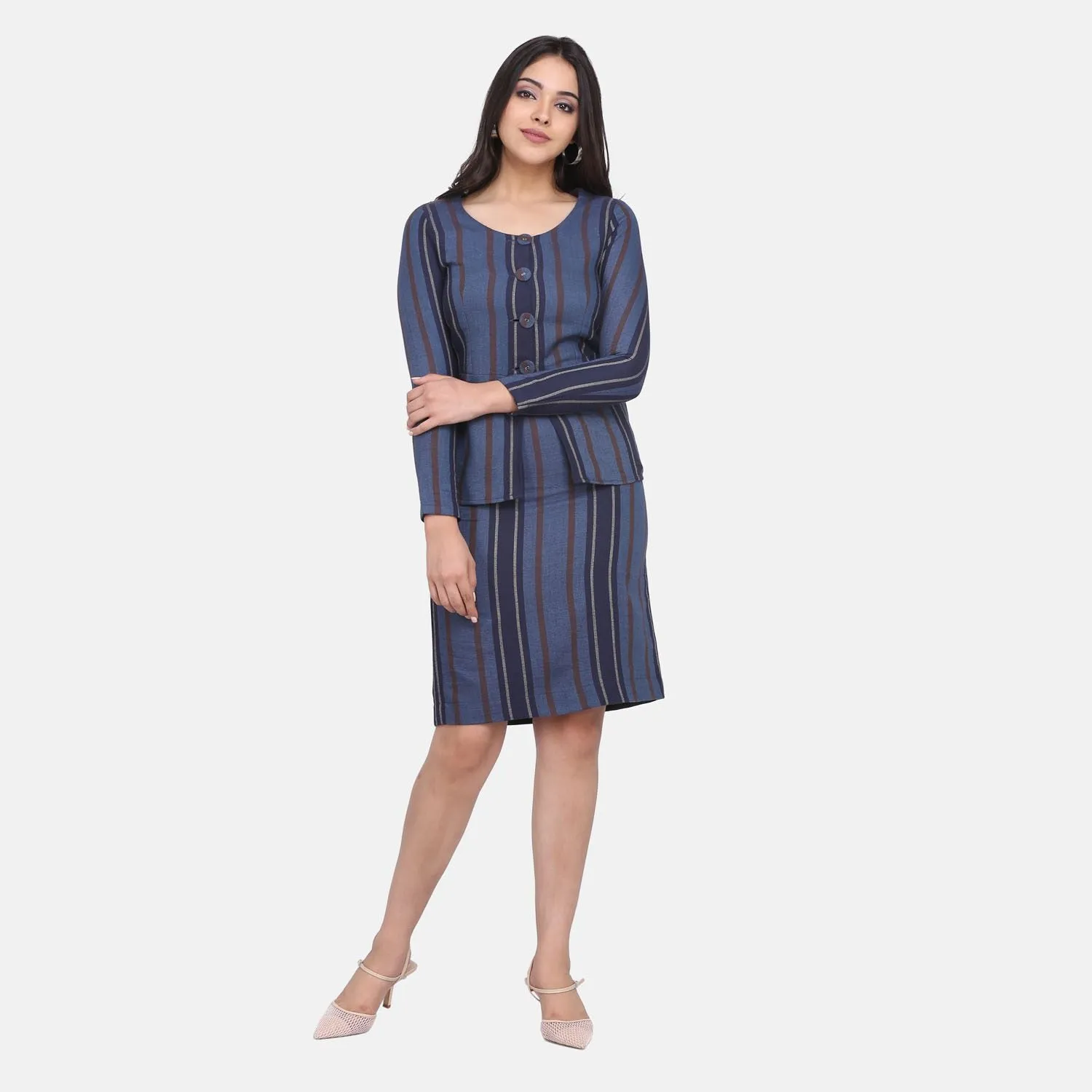 Grey Striped Cotton Power Sutra Skirt Suit 