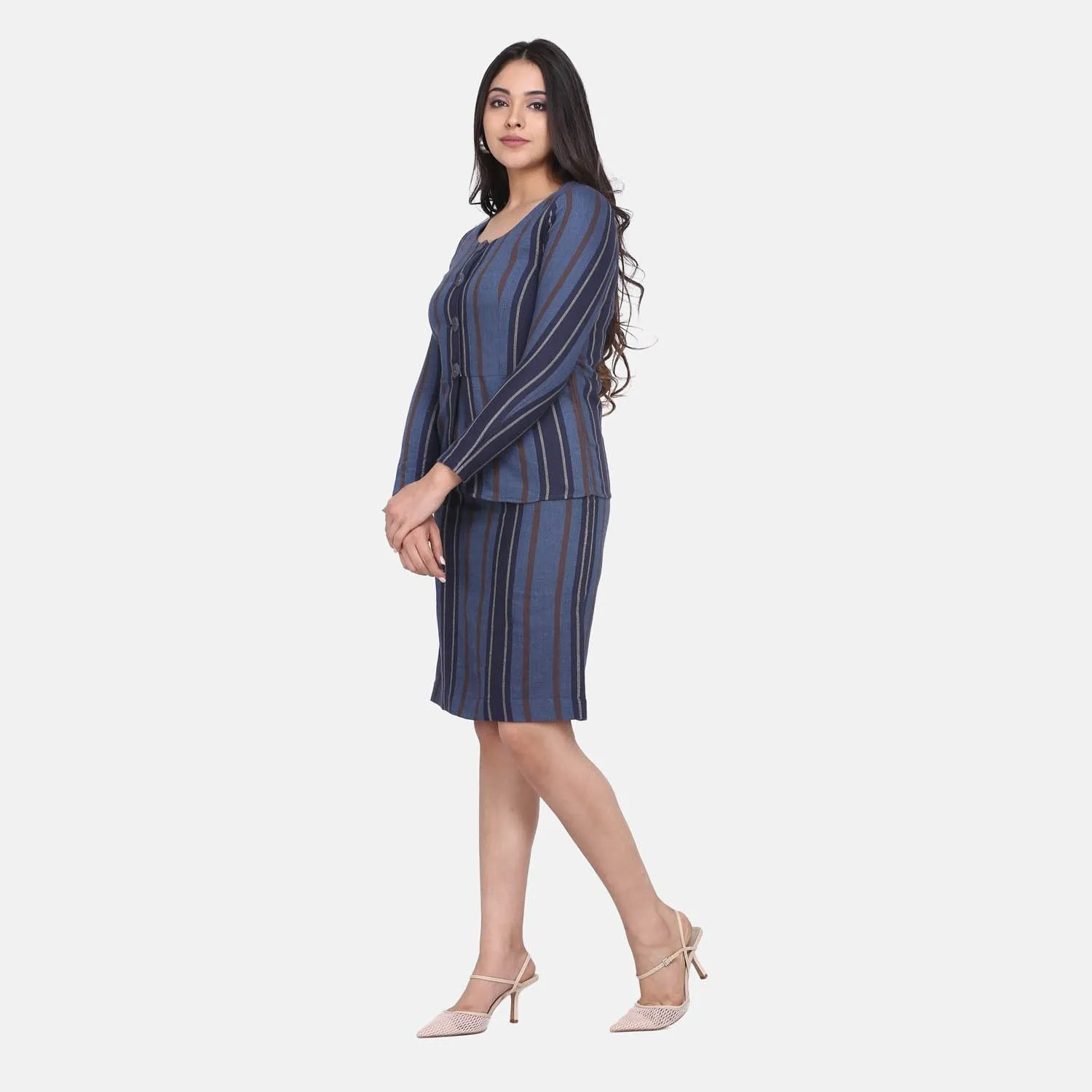 Grey Striped Cotton Power Sutra Skirt Suit 