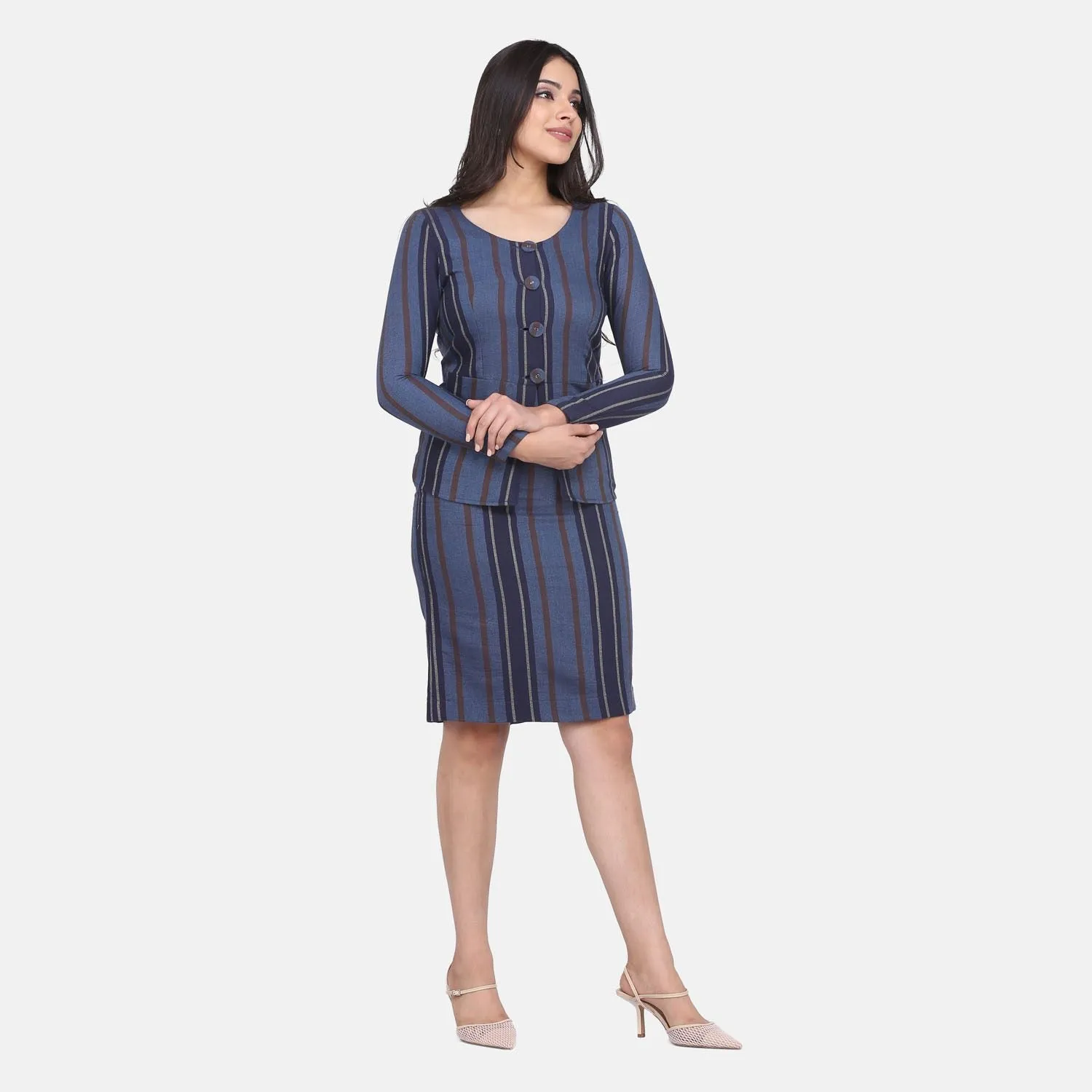 Grey Striped Cotton Power Sutra Skirt Suit 