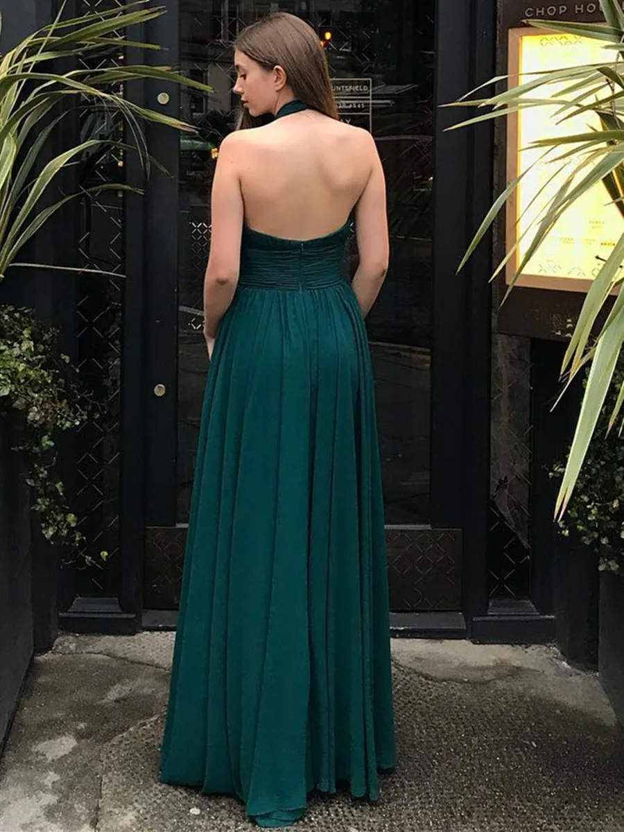 Halter V Neck Backless Green Chiffon Long Prom, Long Green Formal Graduation Evening