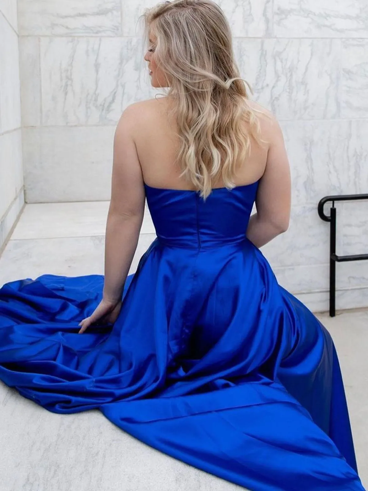 Halter V Neck Open Back Royal Blue Long Prom with High Slit, Backless Royal Blue Formal Evening