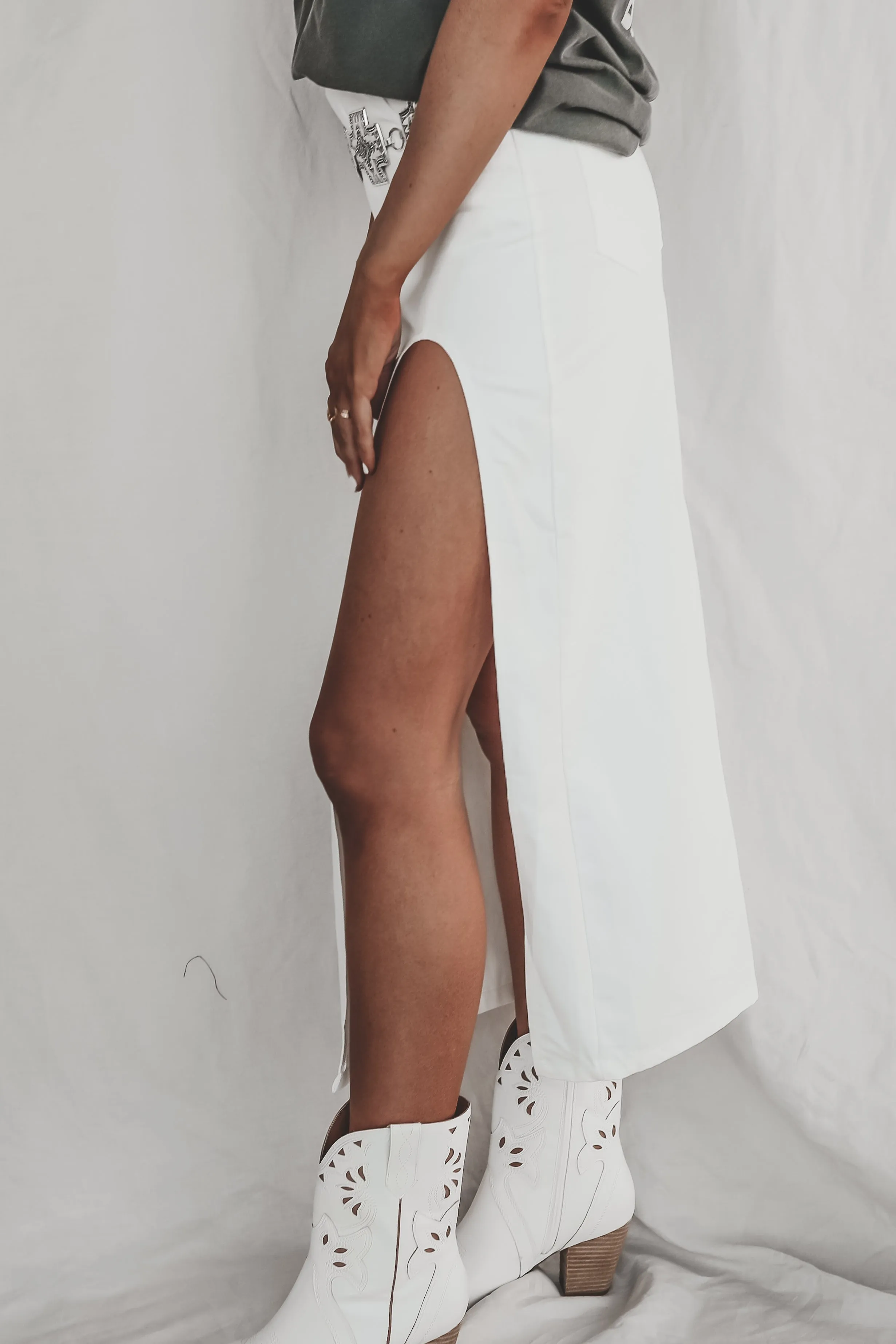 In The Mood For A Party High Slit White Denim Maxi