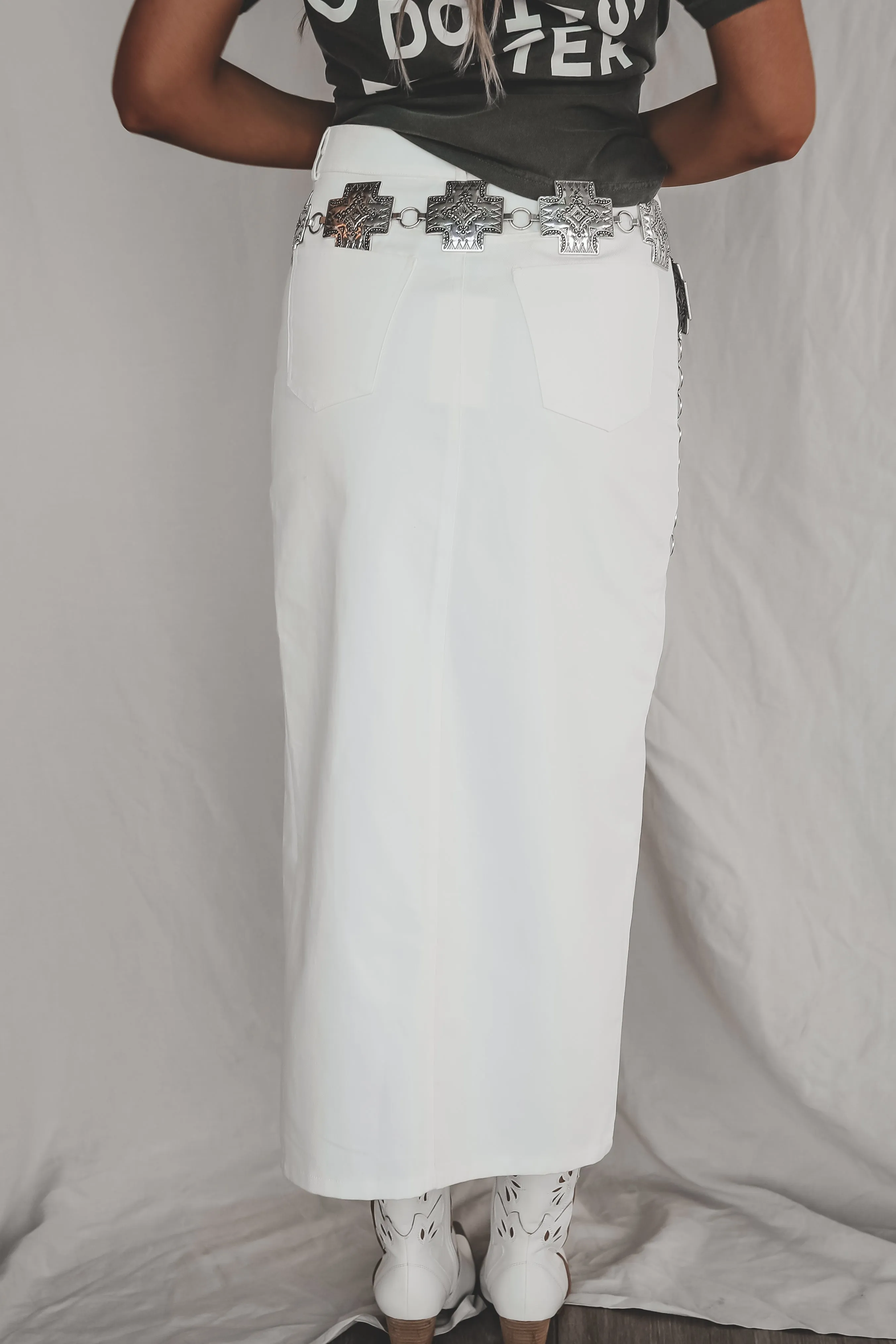 In The Mood For A Party High Slit White Denim Maxi