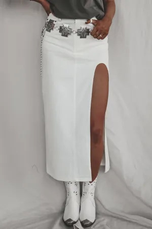 In The Mood For A Party High Slit White Denim Maxi