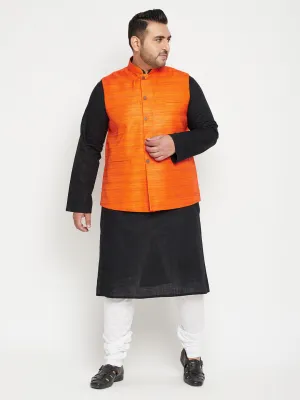 Jashvi PLUS Men's Black And White Pyjama Set With Orange Nehru Jacket Set