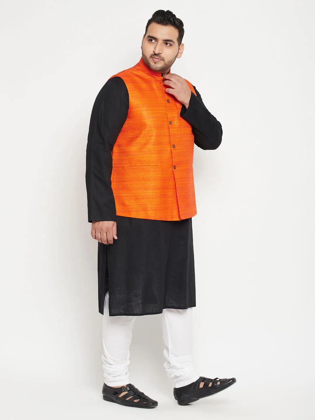 Jashvi PLUS Men's Black And White Pyjama Set With Orange Nehru Jacket Set