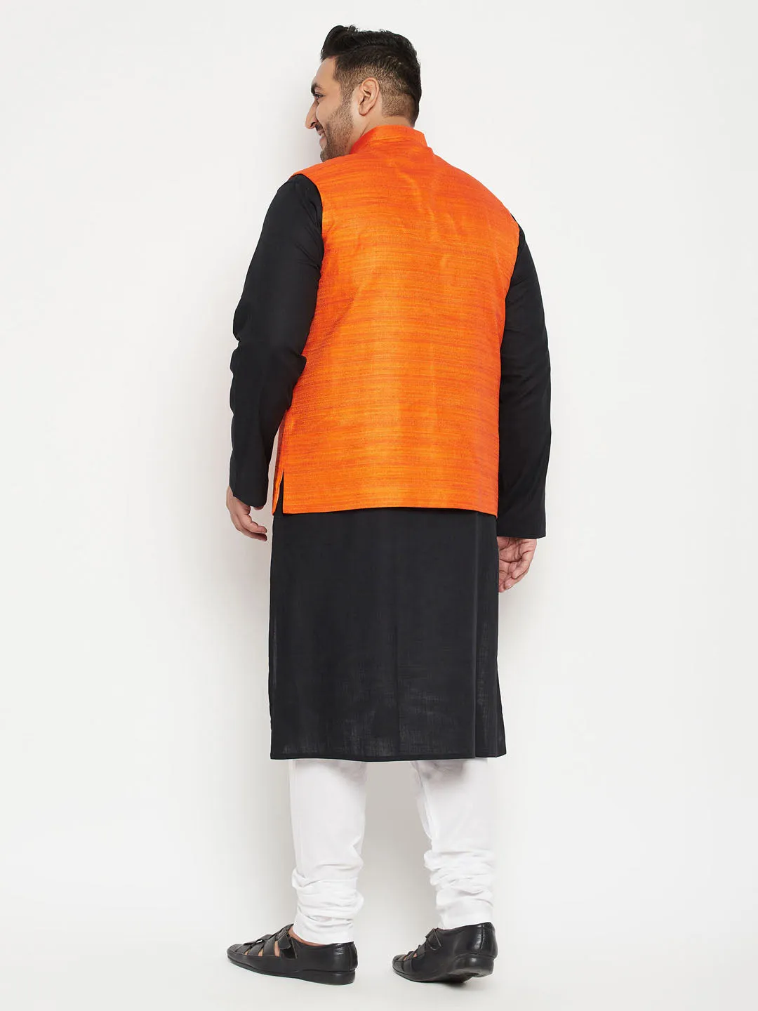 Jashvi PLUS Men's Black And White Pyjama Set With Orange Nehru Jacket Set