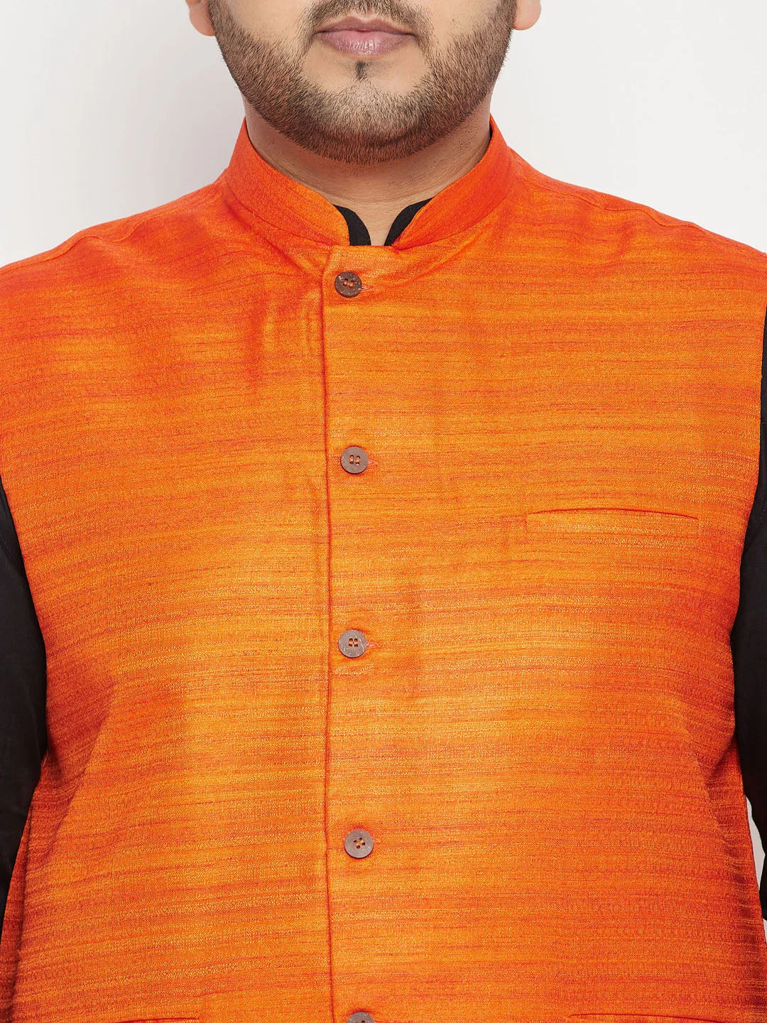 Jashvi PLUS Men's Black And White Pyjama Set With Orange Nehru Jacket Set