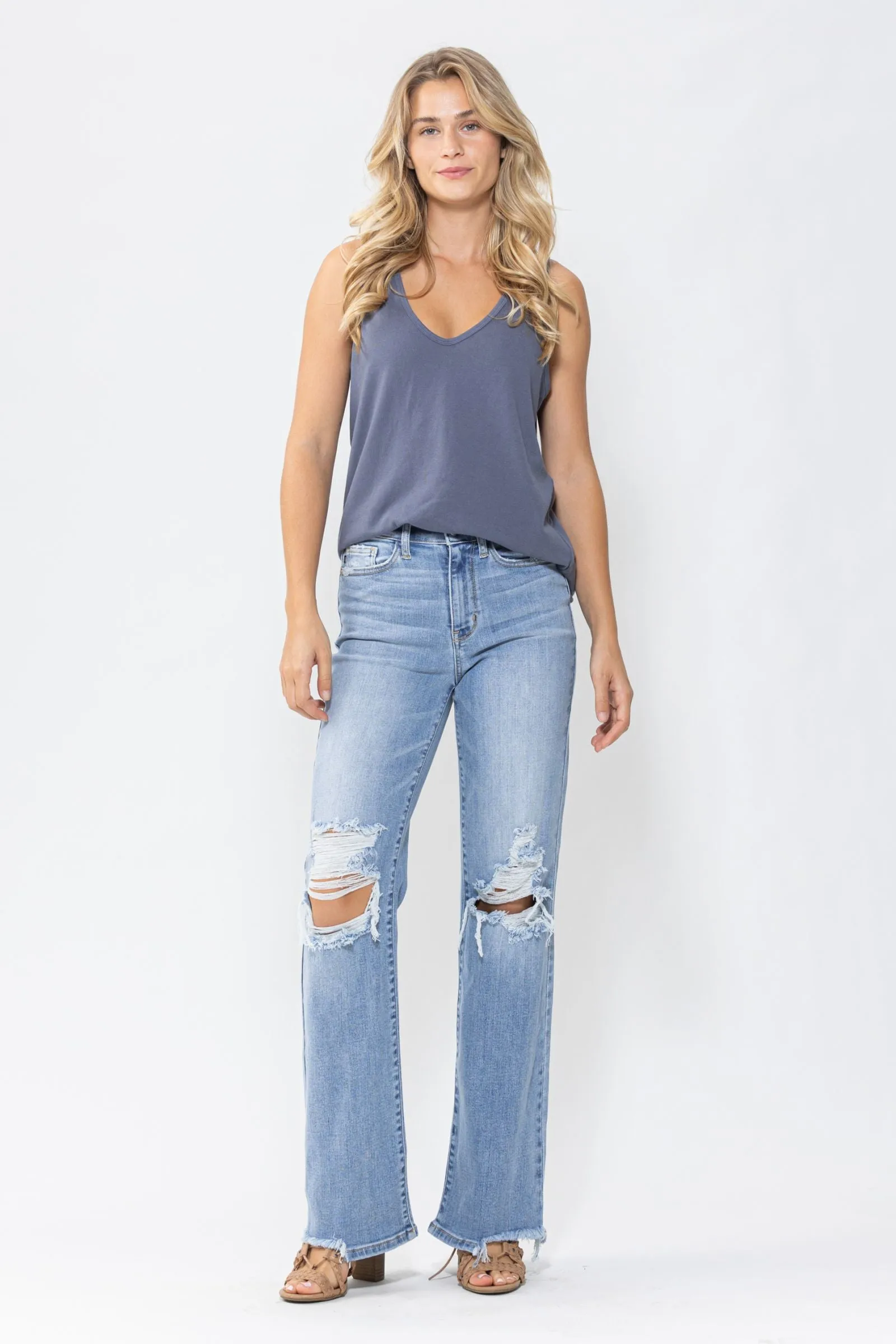 Judy Blue High Waist 90's Knee Destroy Straight Denim 82502