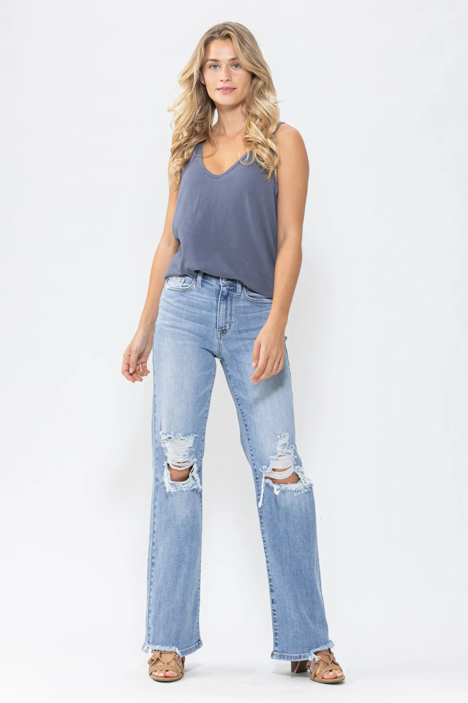 Judy Blue High Waist 90's Knee Destroy Straight Denim 82502