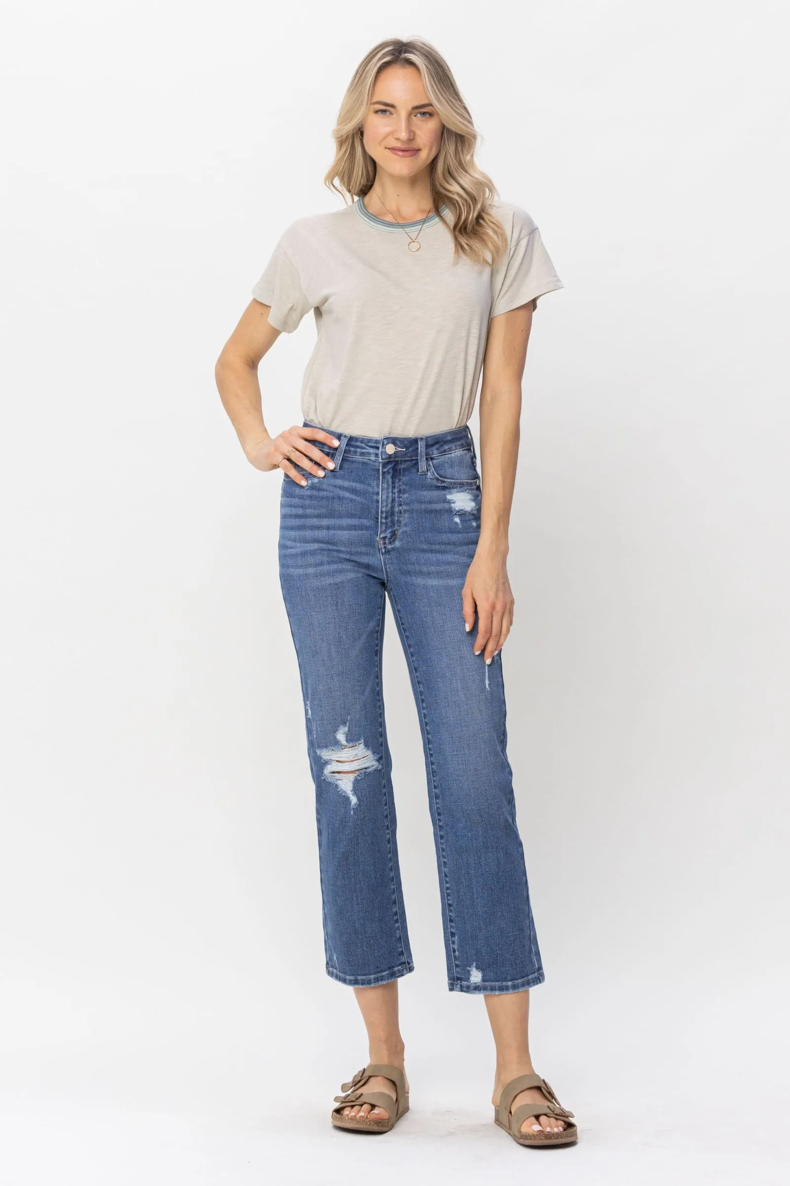 Judy Blue High Waist Destroy and Pocket Hem Embroidery Ankle Straight Denim 88610