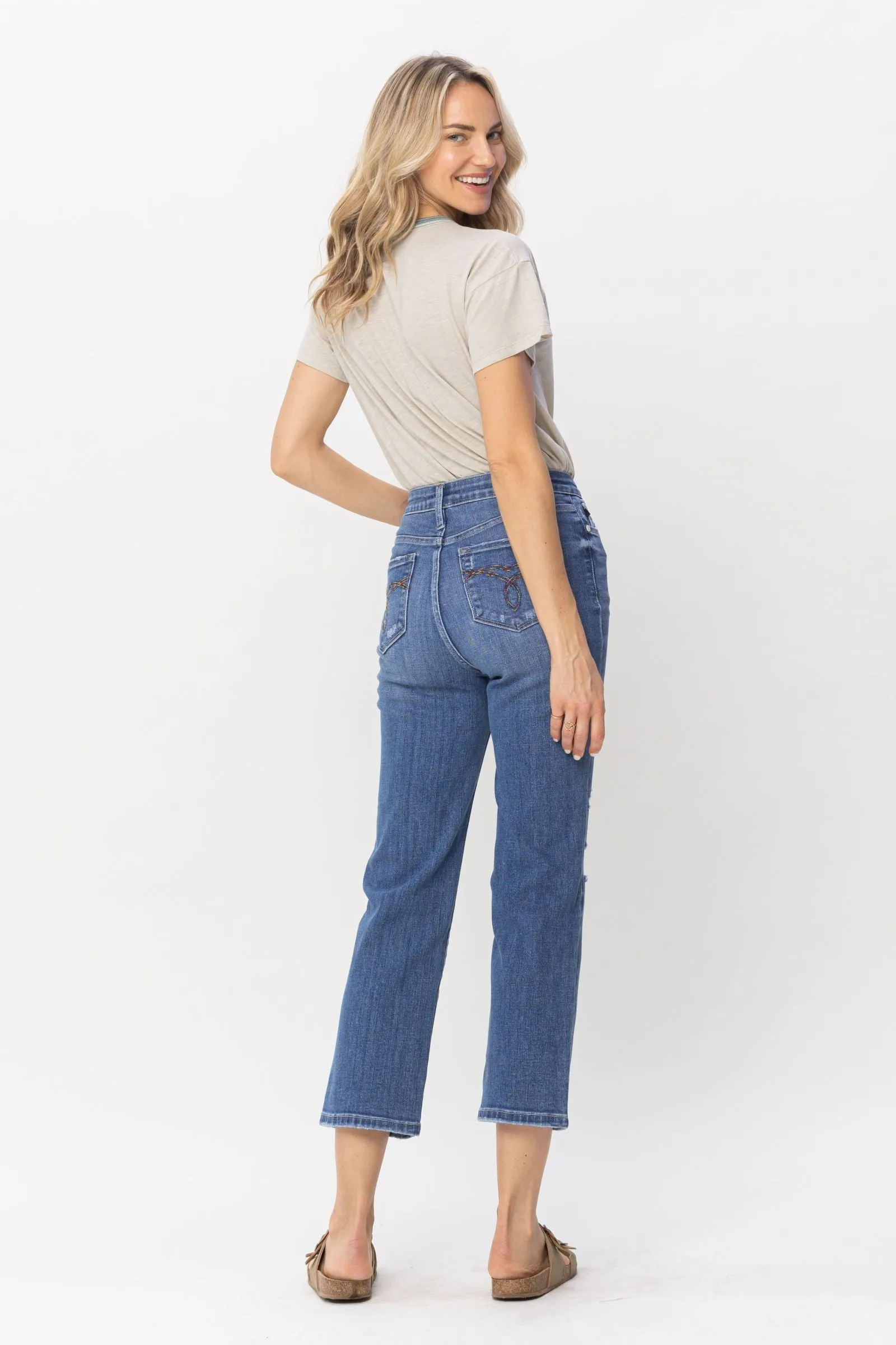 Judy Blue High Waist Destroy and Pocket Hem Embroidery Ankle Straight Denim 88610