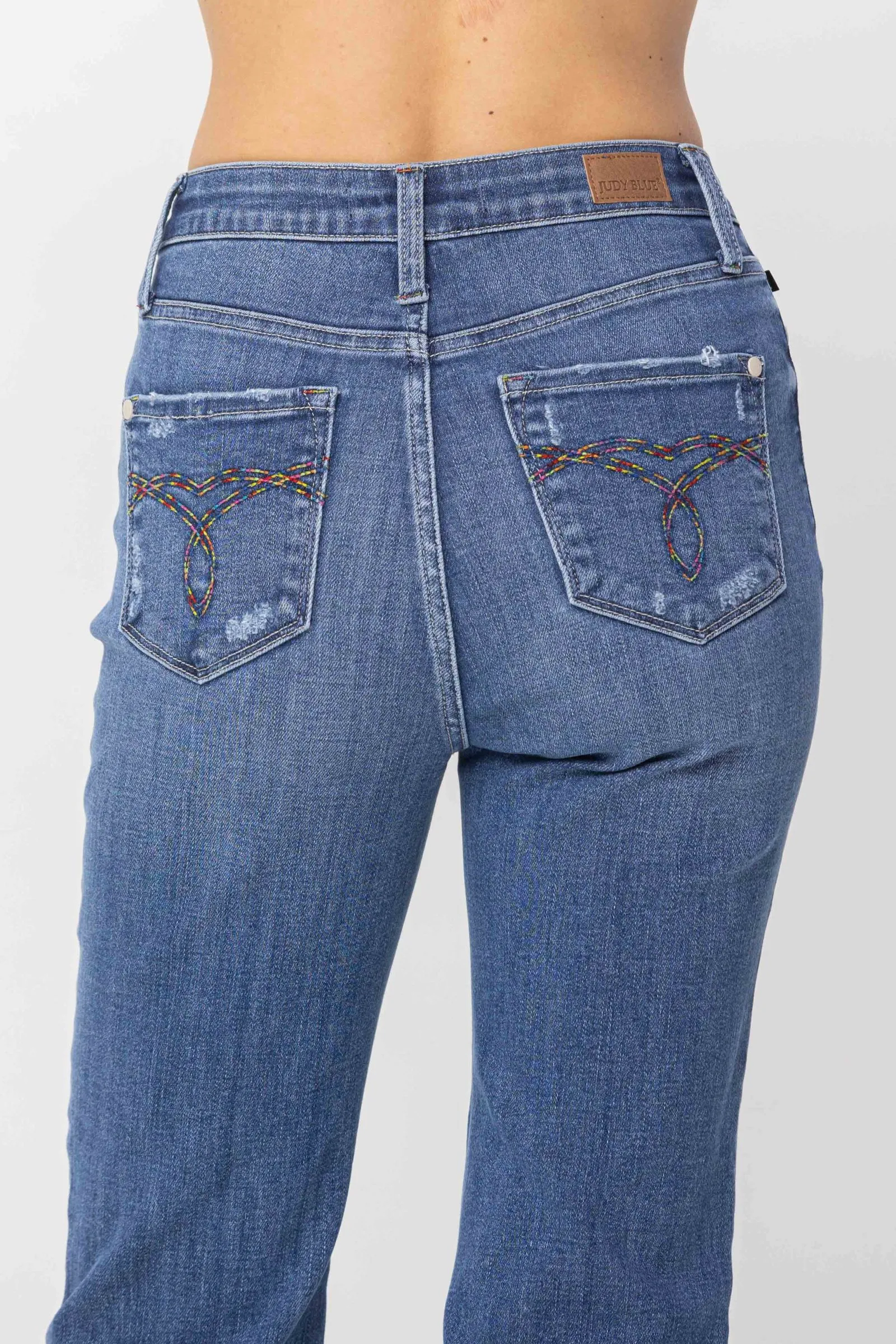 Judy Blue High Waist Destroy and Pocket Hem Embroidery Ankle Straight Denim 88610