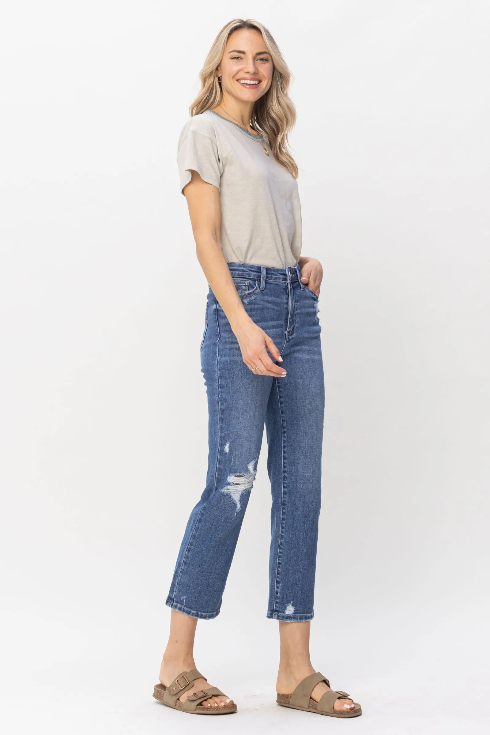 Judy Blue High Waist Destroy and Pocket Hem Embroidery Ankle Straight Denim 88610