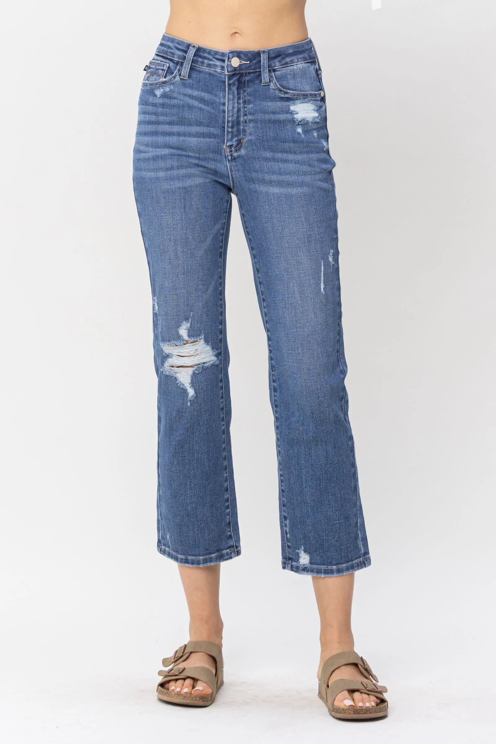 Judy Blue High Waist Destroy and Pocket Hem Embroidery Ankle Straight Denim 88610