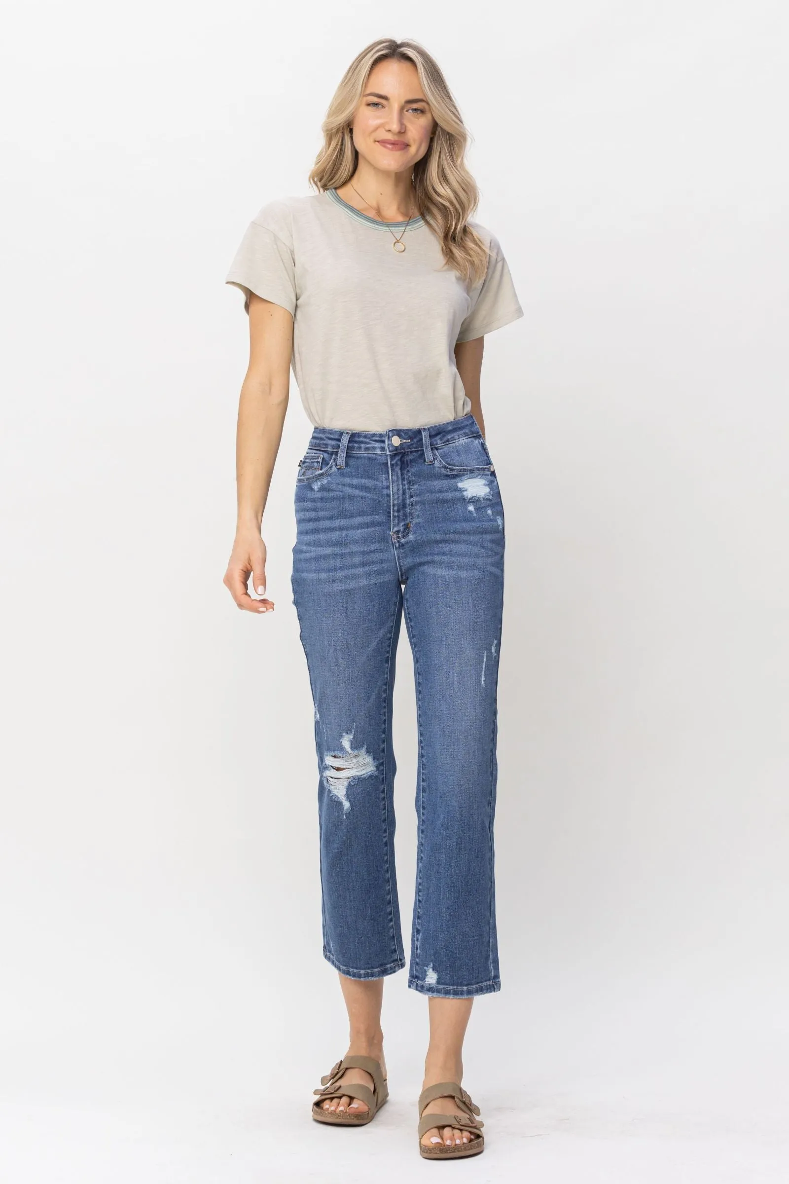 Judy Blue High Waist Destroy and Pocket Hem Embroidery Ankle Straight Denim 88610