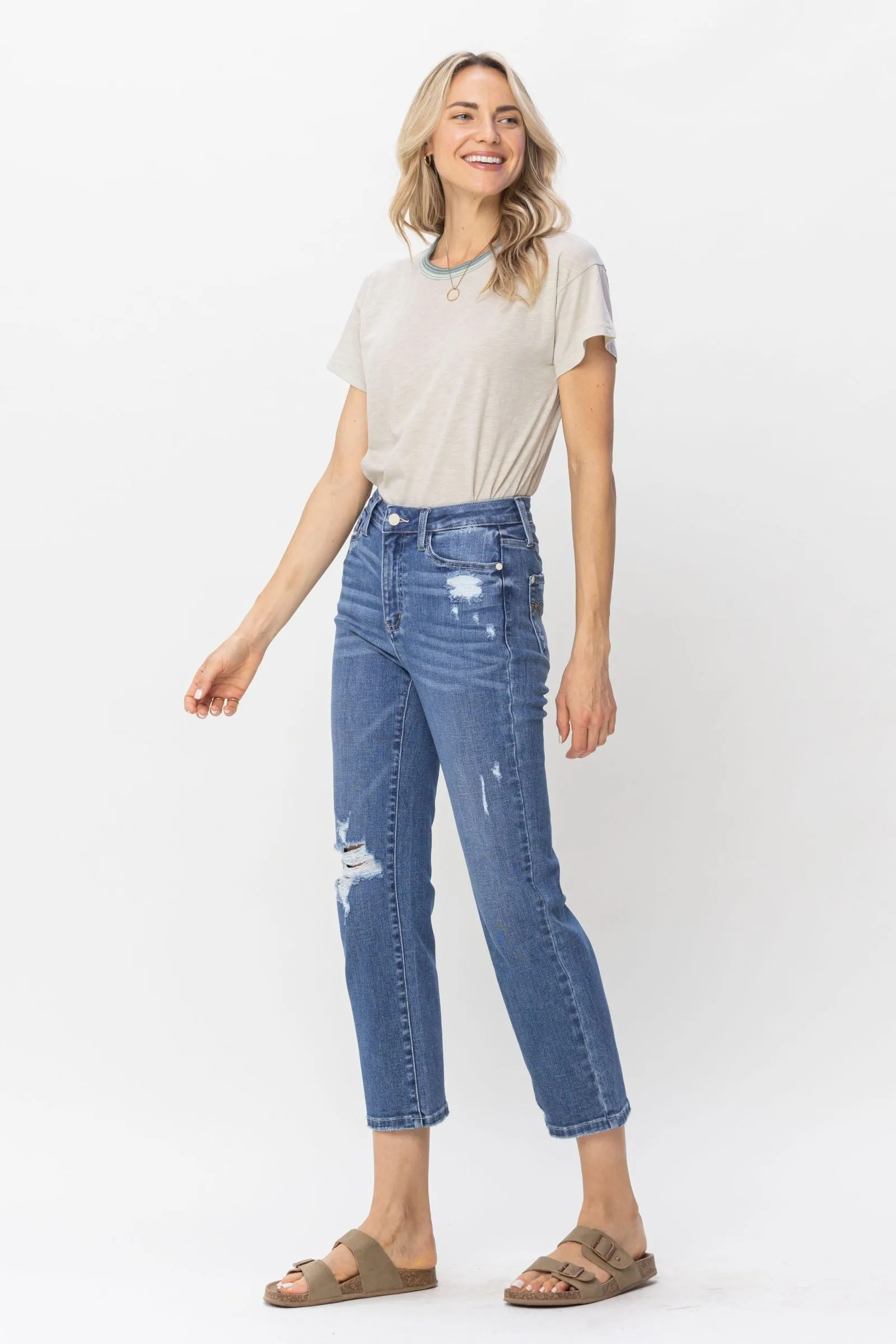 Judy Blue High Waist Destroy and Pocket Hem Embroidery Ankle Straight Denim 88610