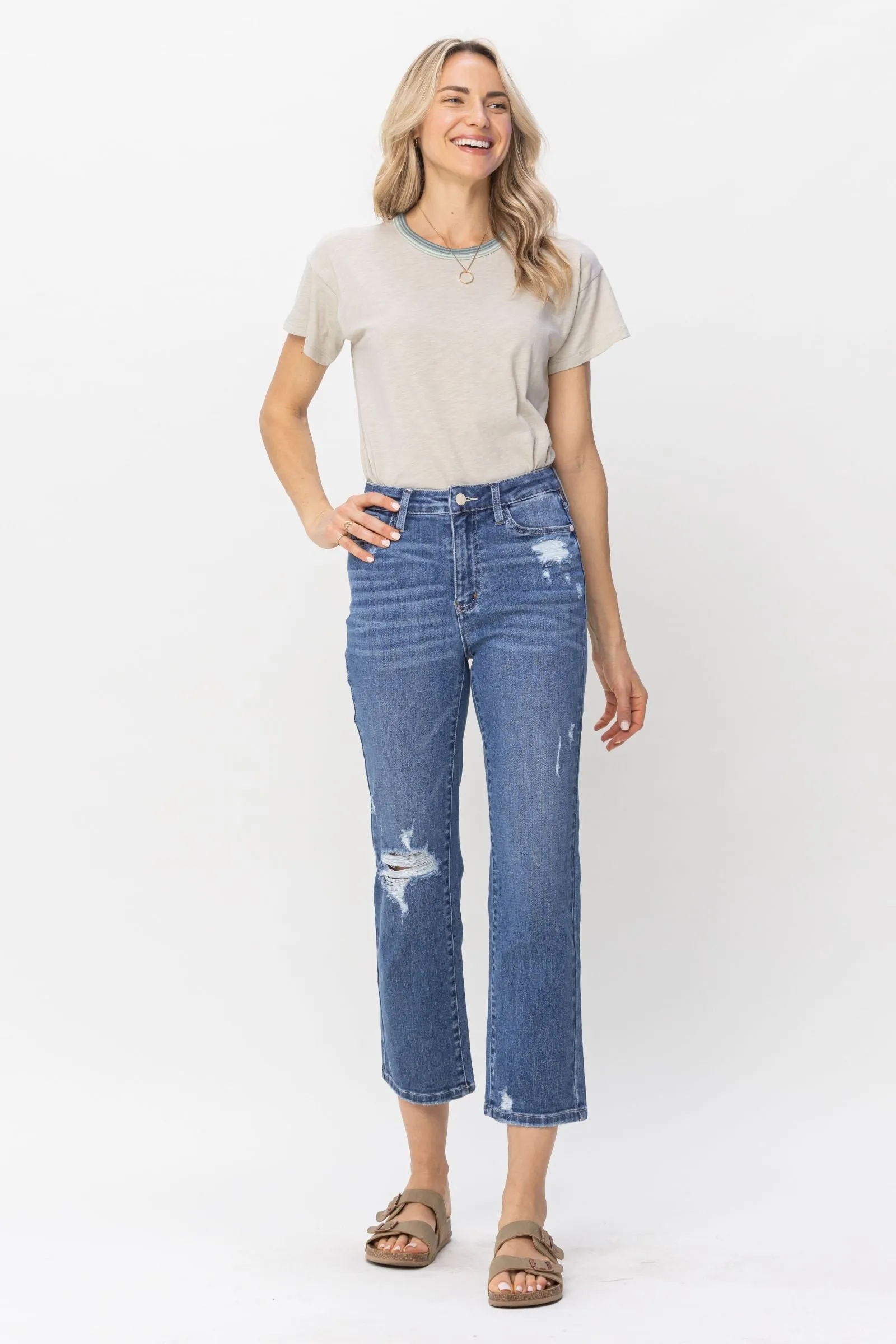 Judy Blue High Waist Destroy and Pocket Hem Embroidery Ankle Straight Denim 88610