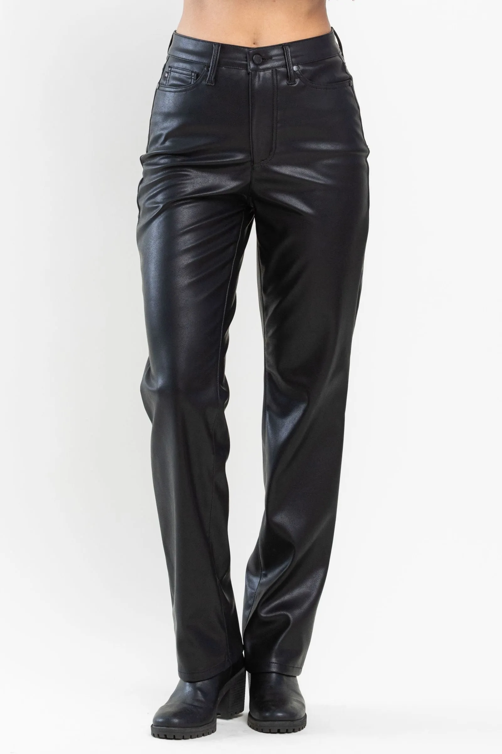 Judy Blue High Waist Tummy Control Top Faux Leather Black Straight Leg Pants 88755 - Exclusive