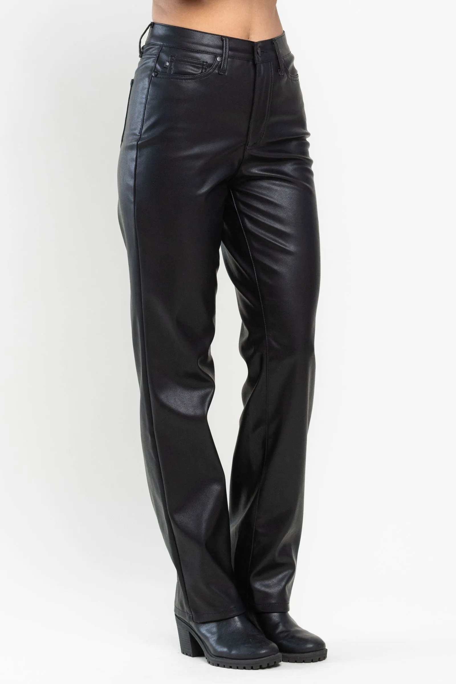 Judy Blue High Waist Tummy Control Top Faux Leather Black Straight Leg Pants 88755 - Exclusive