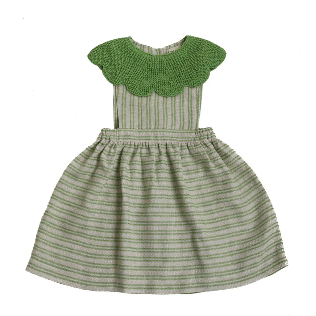 KALINKA Green Striped Baby Dress with Knitted Collar