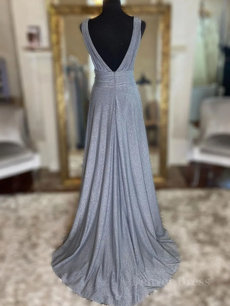 kamahe Gray v neck tulle sequin long prom dress, gray evening dress