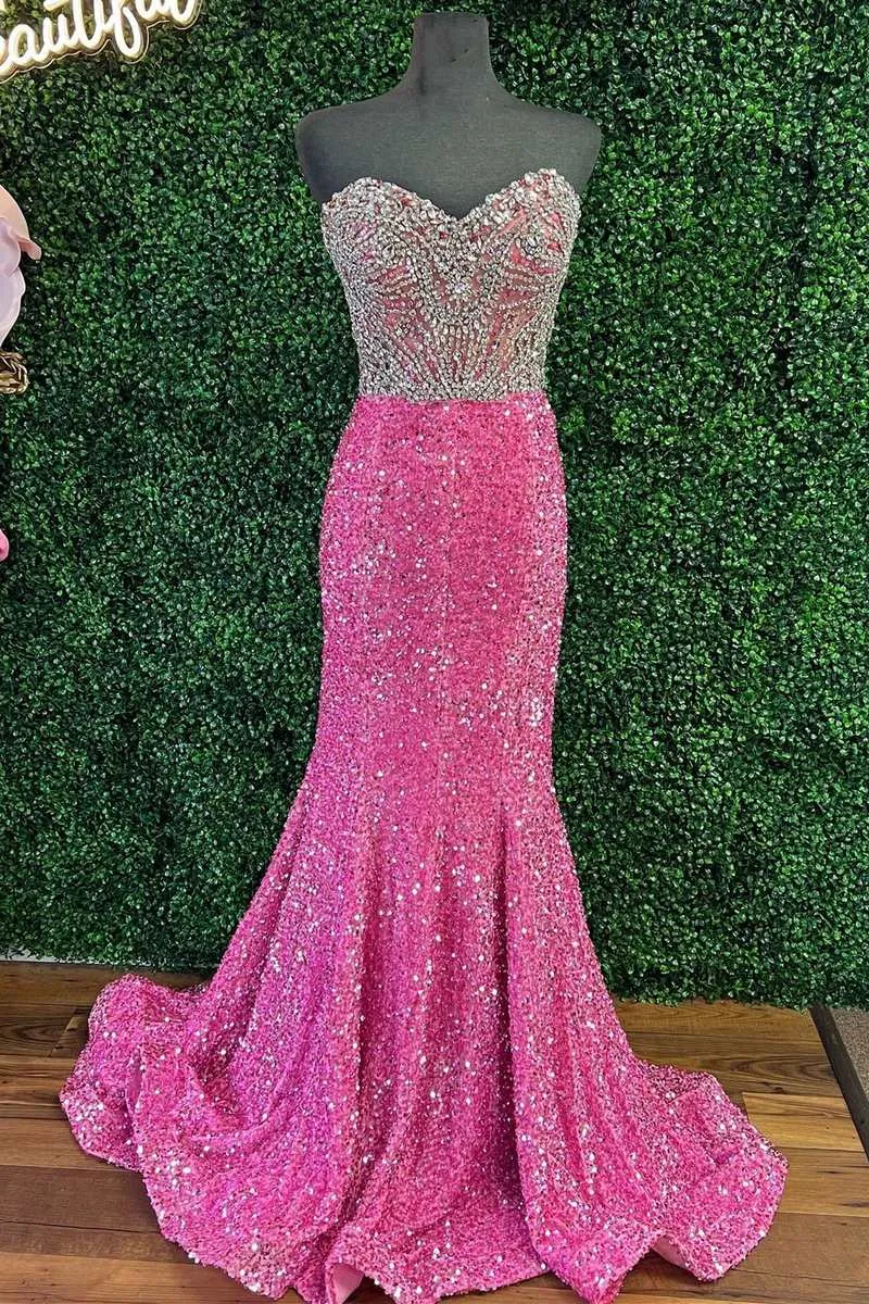 kamahe Hot Pink Sequin Rhinestones Strapless Mermaid Long Prom Dress