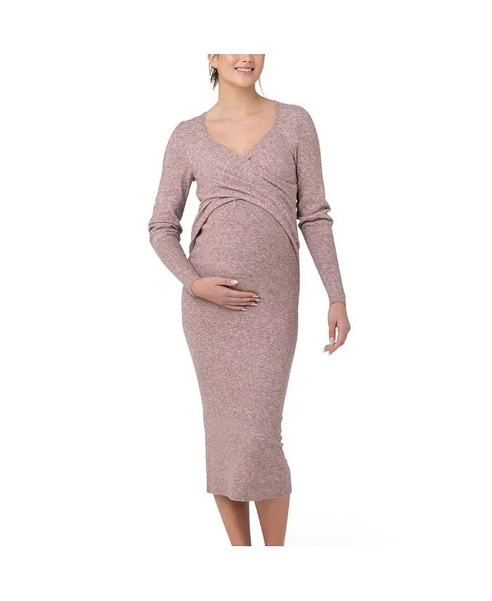 Knitted dress for nursing mothers Heidi Cross Front Pink Marle Ripe Maternity, pink