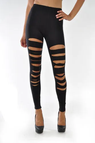 Leggings Slashed Black Laser Sexy Stretch Size Cut