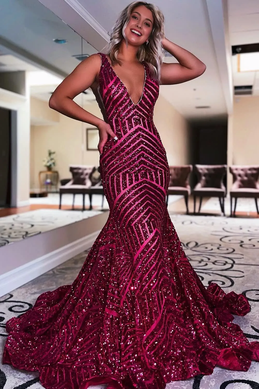 Light Purple Deep V Neck Sequin Mermaid Prom Dress