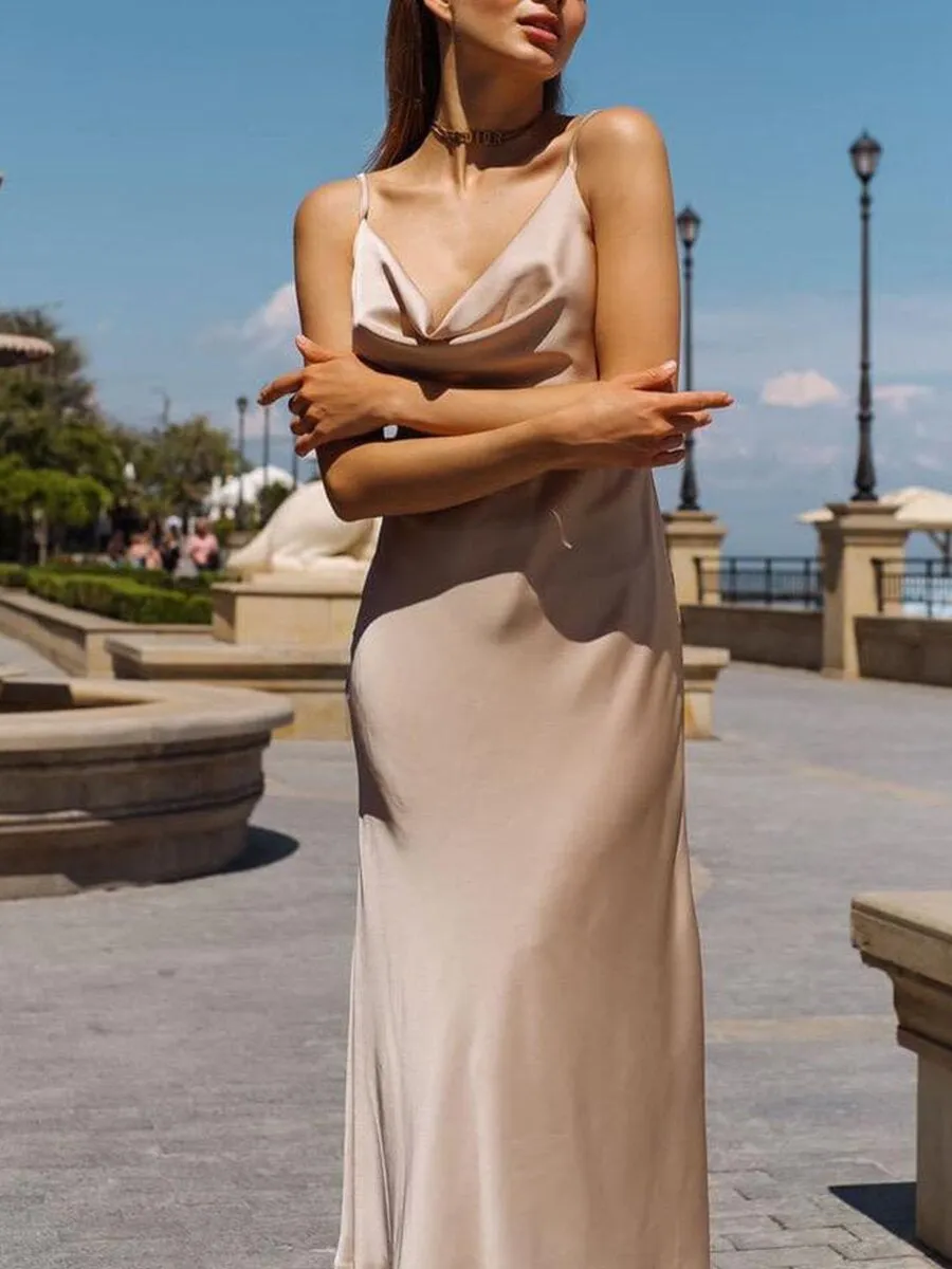 Long Elegant Satin Sling Slim-fit Dress