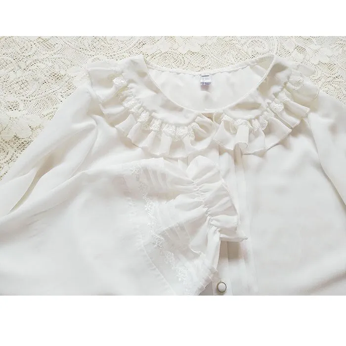 Long Lantern Sleeve Lolita Blouse Chiffon Peter Pan Collar White Shirt