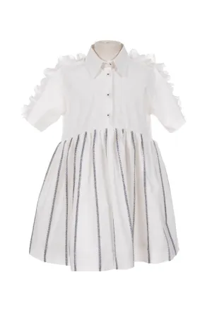 Optimized Title: Elegant White Ruffle Dress with Navy Topstitching - Stylish Womens Shirt Dress