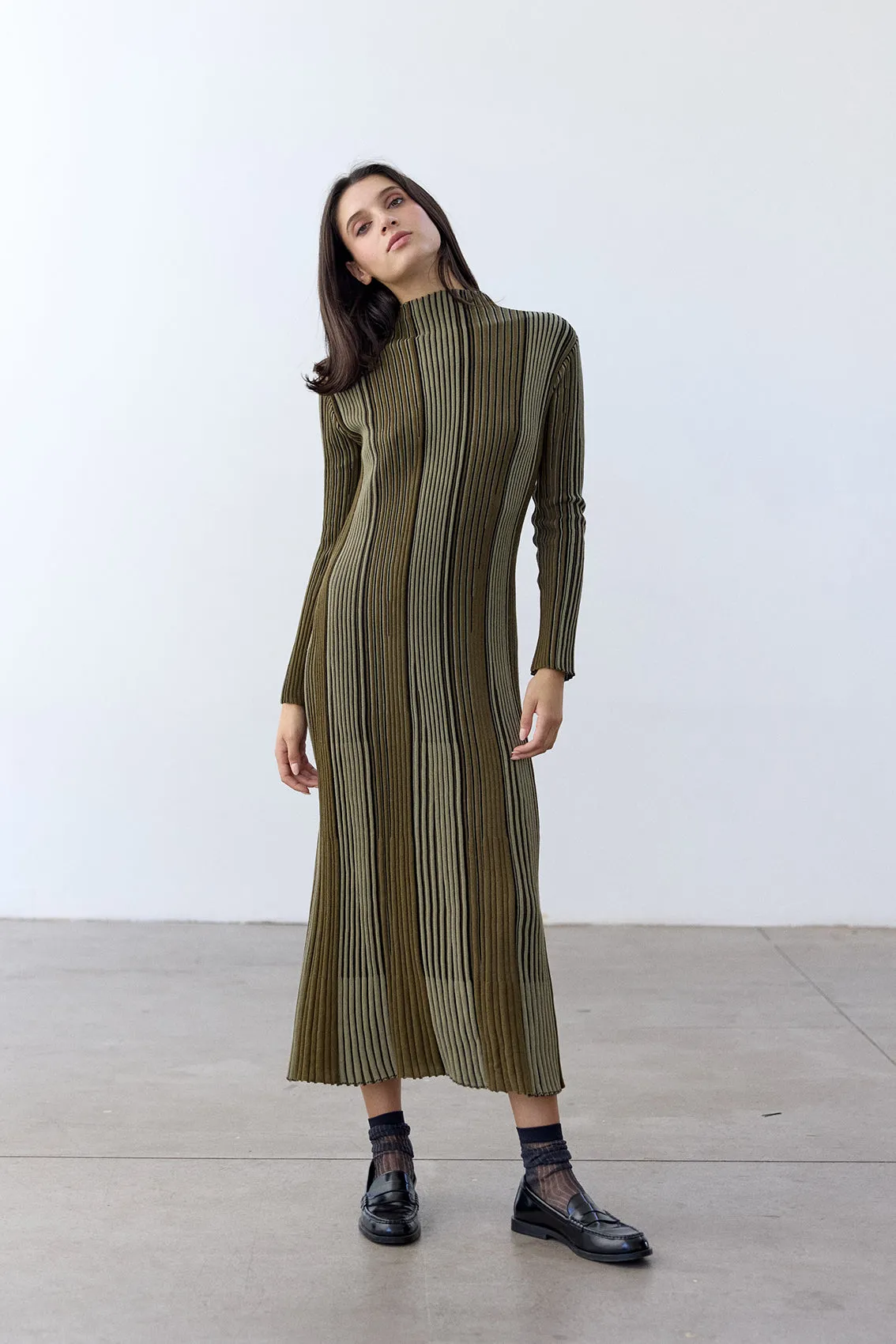 Mock Neck Contrast Knitted Dress Pima Cotton - Musgo