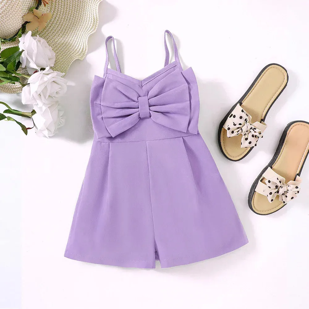 New Girls' Summer Solid Strap Bow Short Jumpsuit for Primary and Secondary School Children