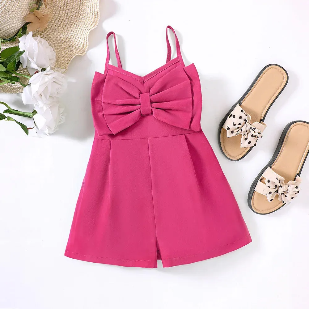 New Girls' Summer Solid Strap Bow Short Jumpsuit for Primary and Secondary School Children