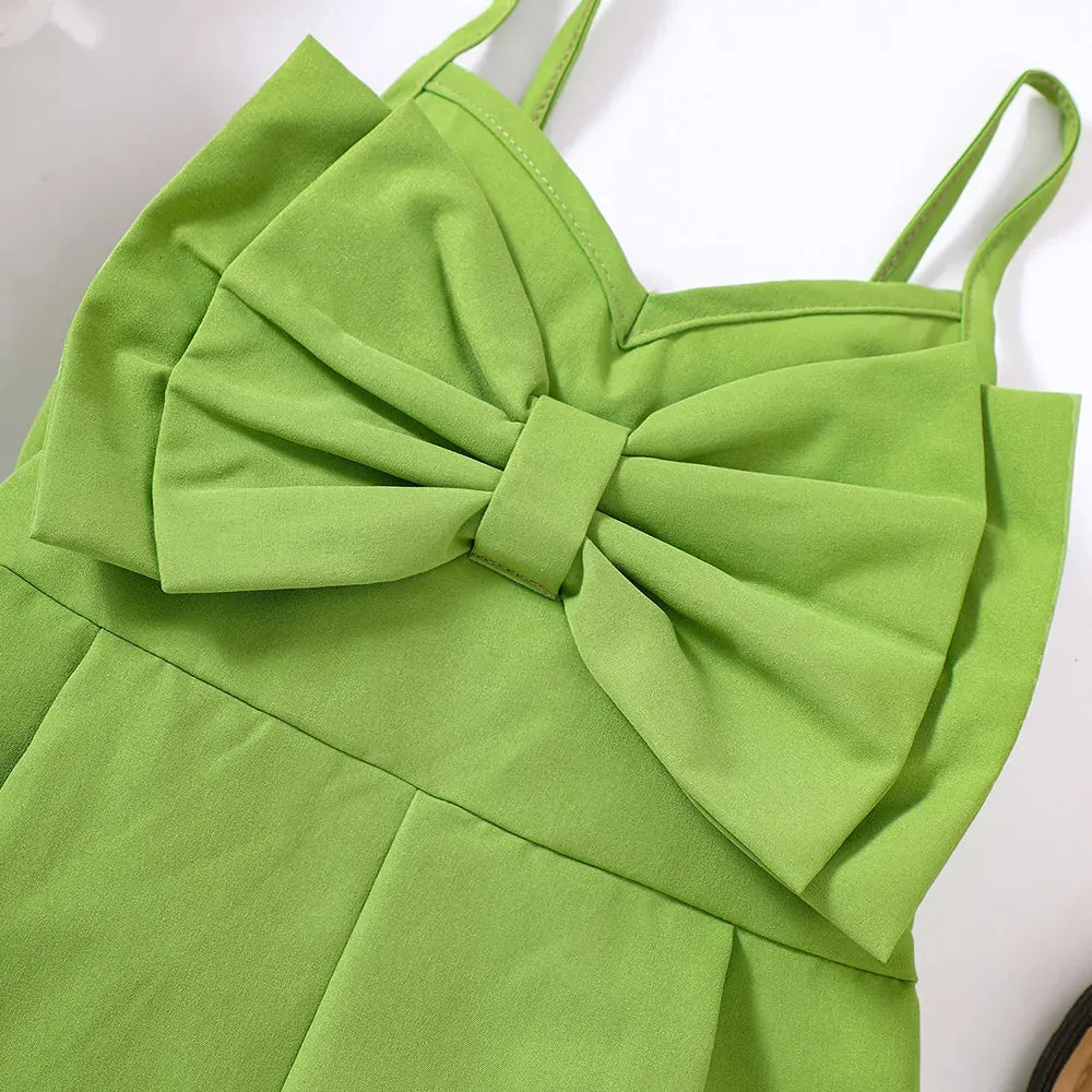 New Girls' Summer Solid Strap Bow Short Jumpsuit for Primary and Secondary School Children