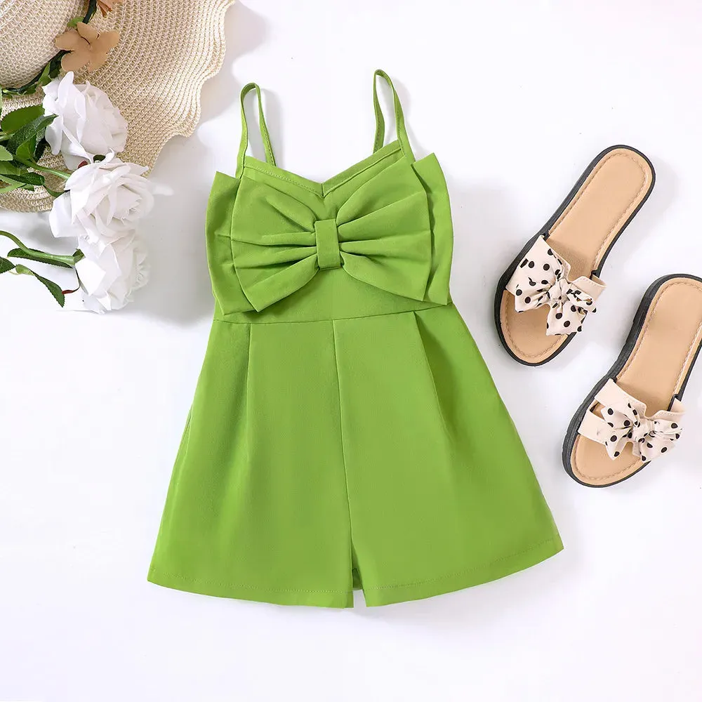 New Girls' Summer Solid Strap Bow Short Jumpsuit for Primary and Secondary School Children