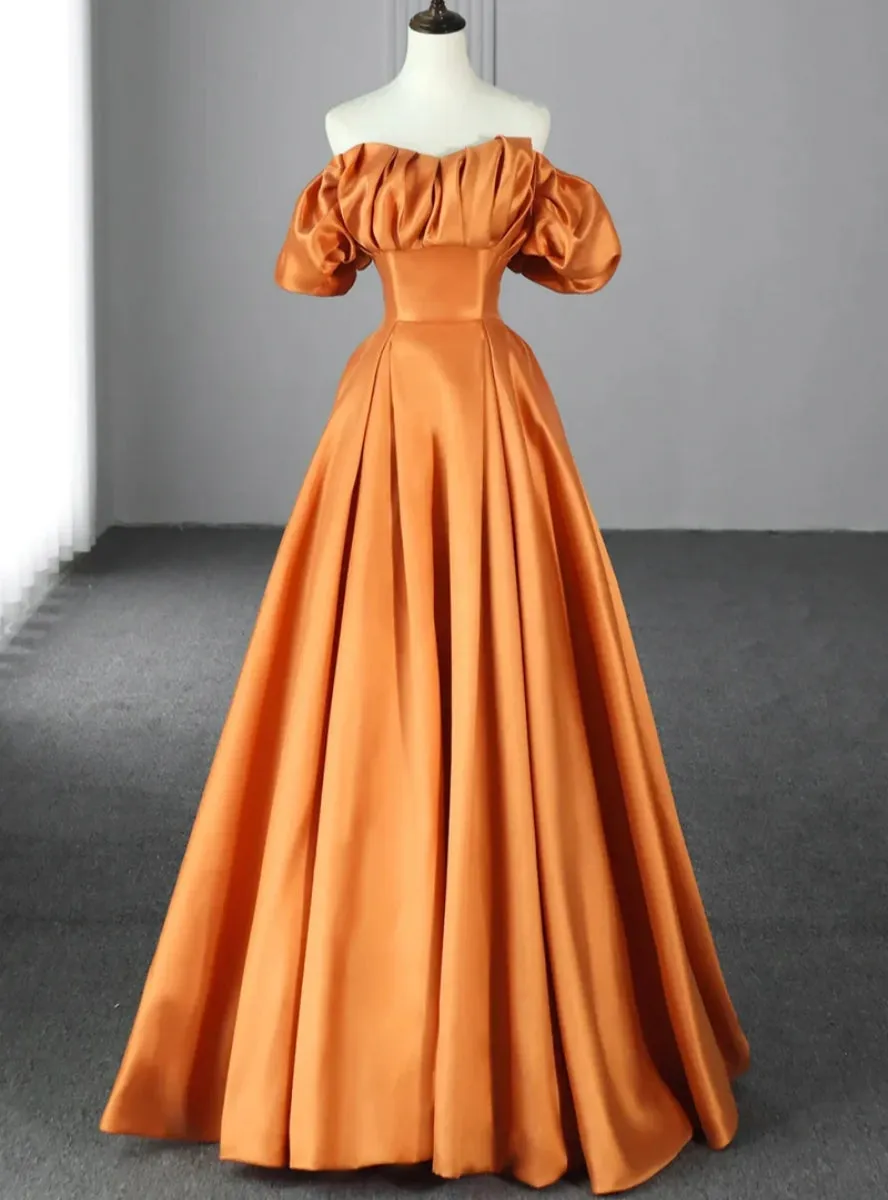 Orange Satin Off the Shoulder Pleats Prom Dress