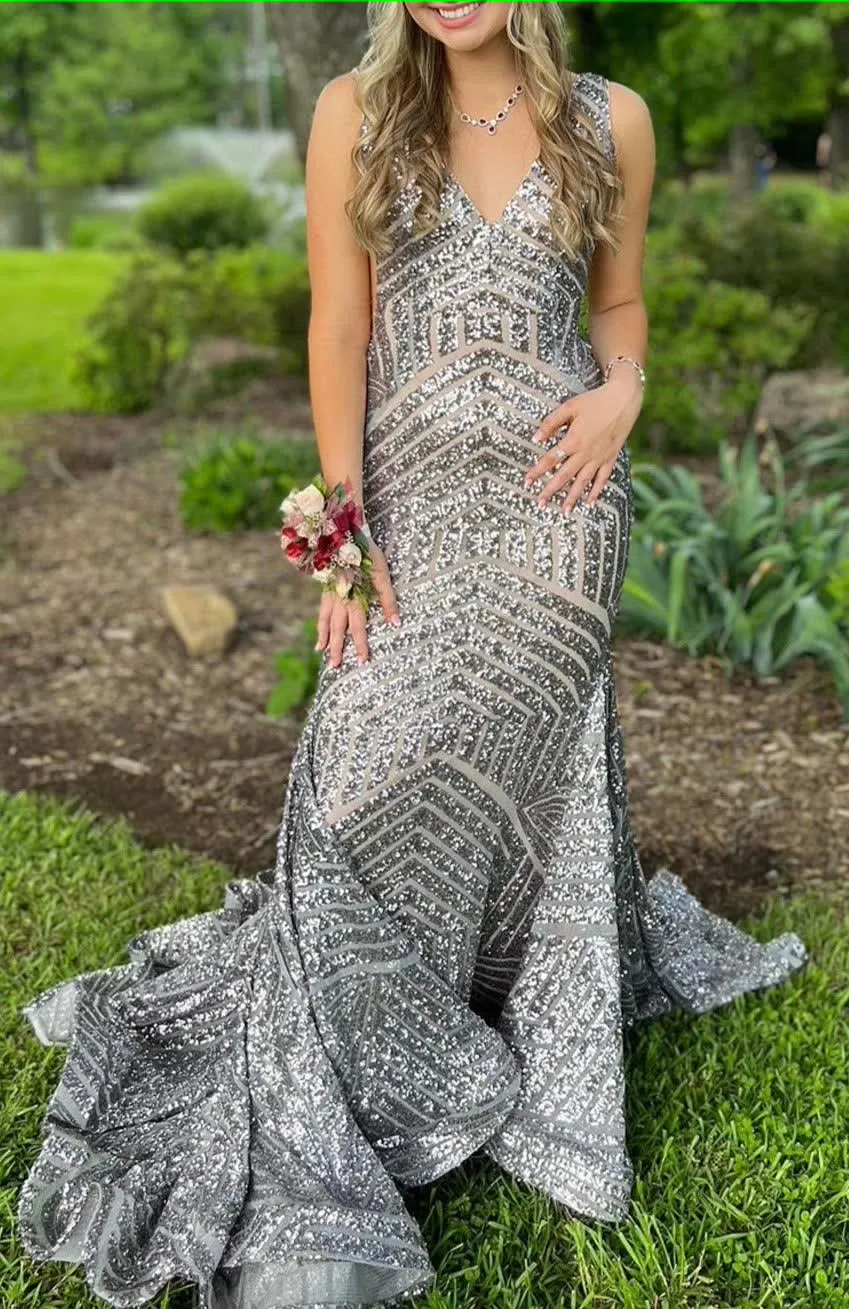 Orange Sparkly Deep V Neck Sequin Mermaid Prom Dress