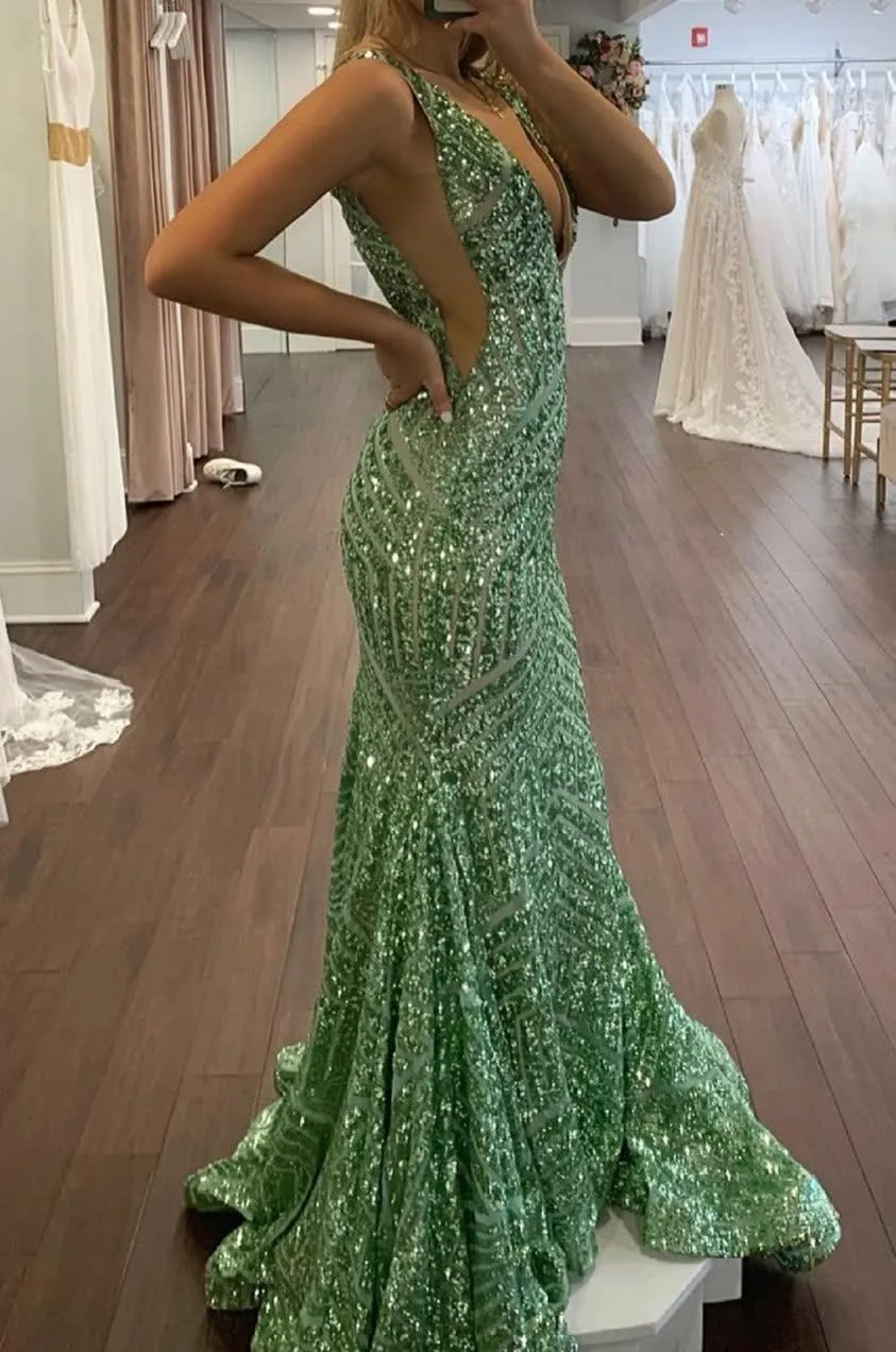 Orange Sparkly Deep V Neck Sequin Mermaid Prom Dress