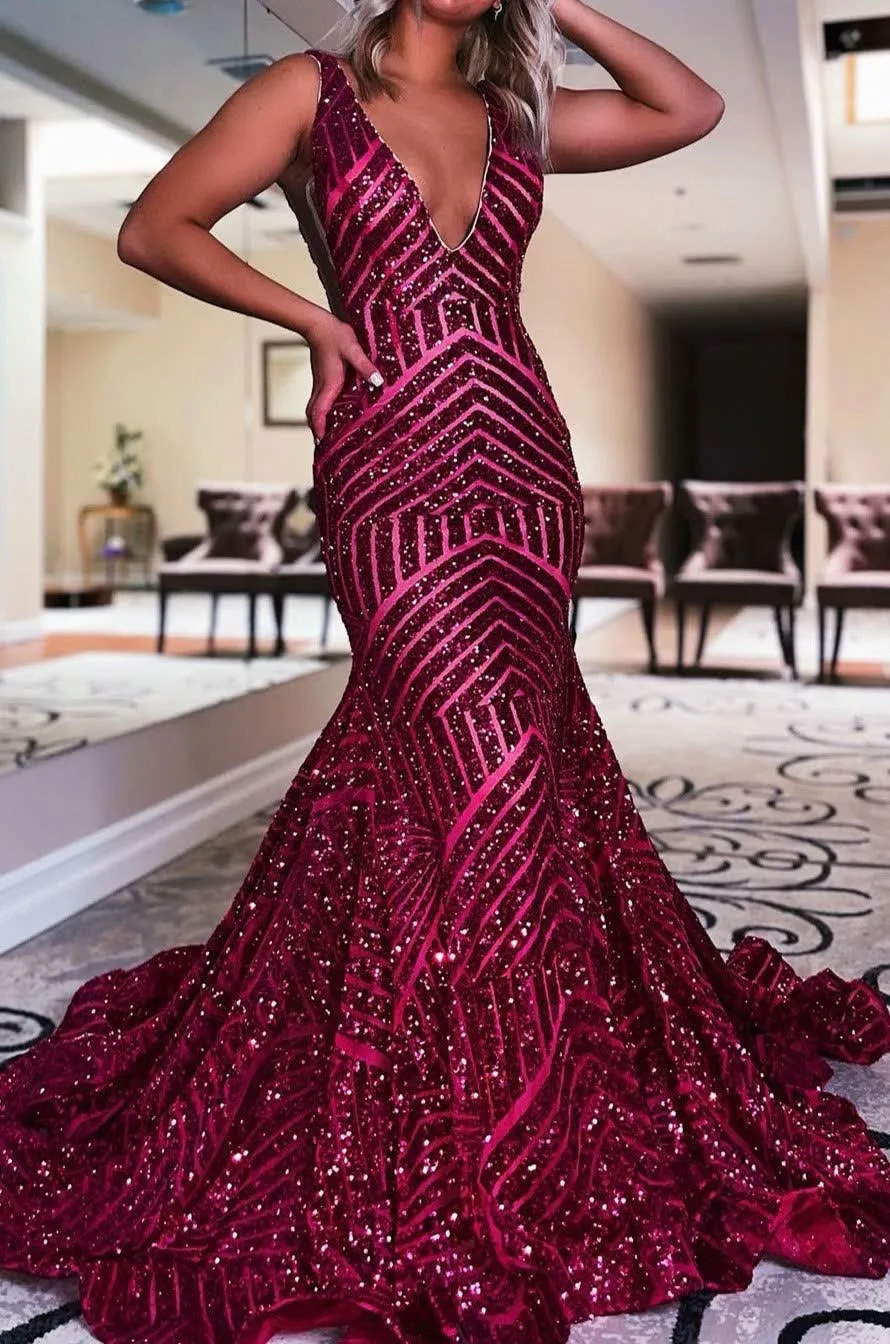 Orange Sparkly Deep V Neck Sequin Mermaid Prom Dress