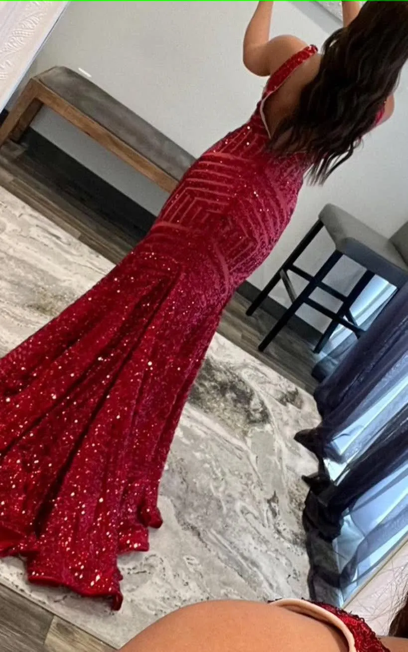 Orange Sparkly Deep V Neck Sequin Mermaid Prom Dress