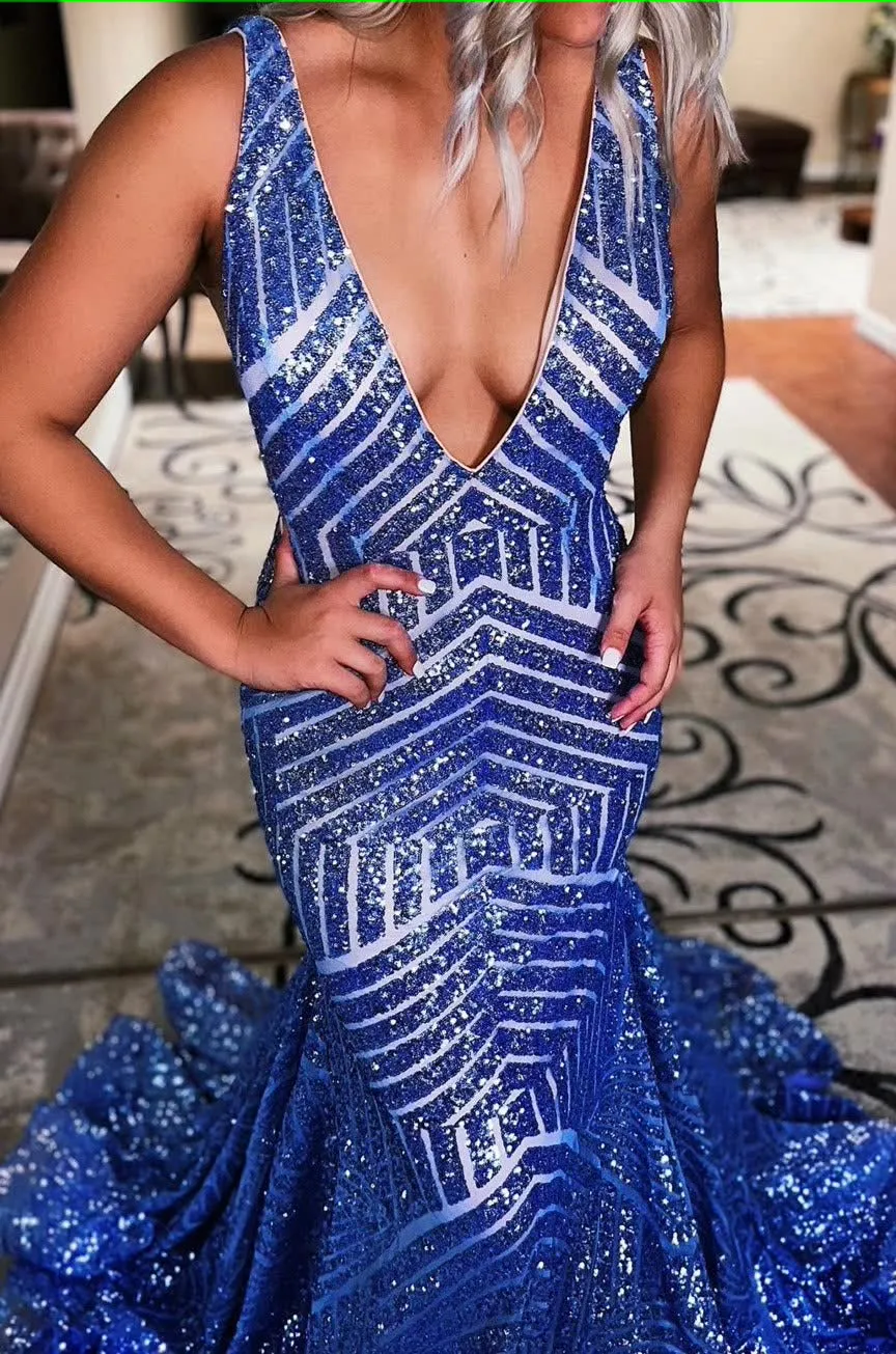 Orange Sparkly Deep V Neck Sequin Mermaid Prom Dress