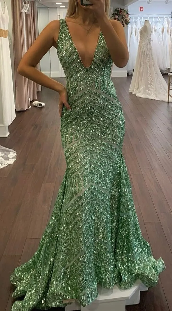 Orange Sparkly Deep V Neck Sequin Mermaid Prom Dress