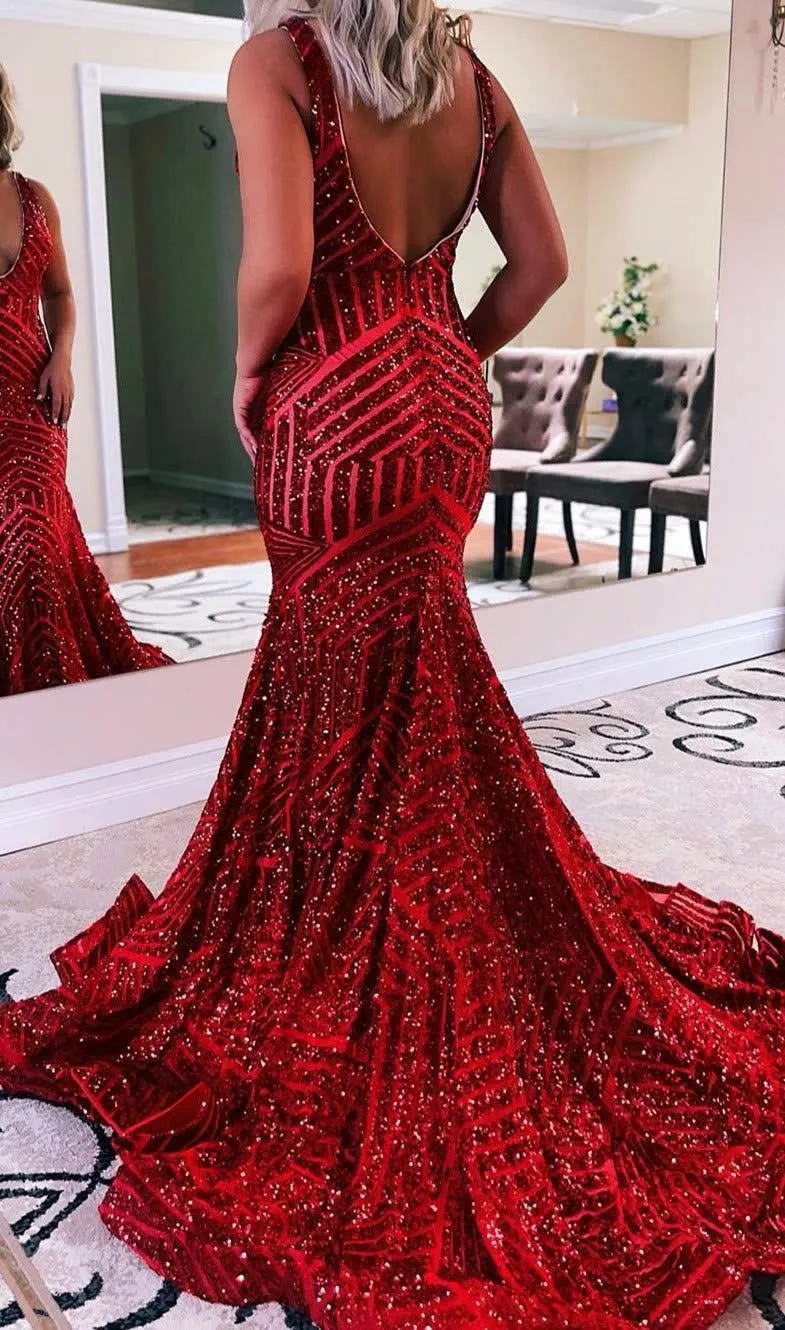 Orange Sparkly Deep V Neck Sequin Mermaid Prom Dress