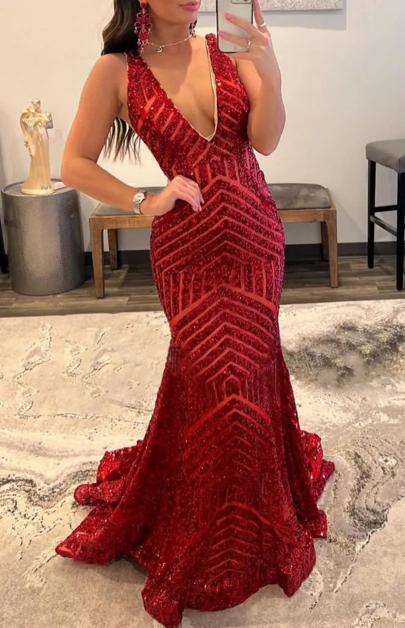 Orange Sparkly Deep V Neck Sequin Mermaid Prom Dress